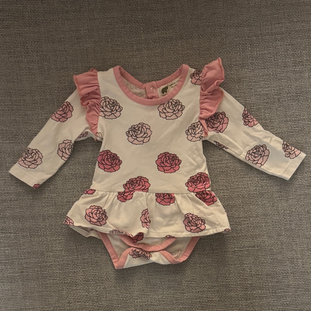 Monica + Andy Long-Sleeve Pink Floral Ruffle Peplum Baby Dress Bodysuit